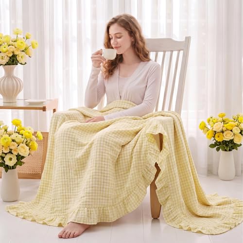 100% Cotton Yellow Gingham Muslin Throw Blanket 6 Layers Ruffled - color: Yellow