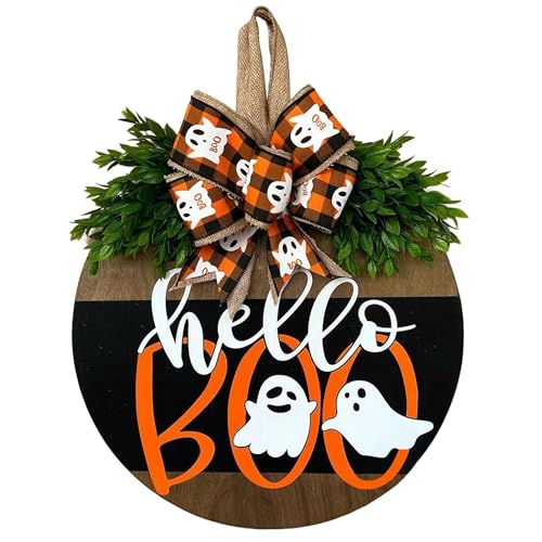 Halloween Ghost Wreath, Wooden Halloween Ghost Door Sign Wreath Decorations for Front Door Hanger