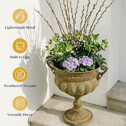 Worth Garden 18.5" H. Metal Urn Planters - Bronze Classic Antique Iron Plant Pots - Decorative Rustic Flower Pots for Outdoor Use - Traditional Urn Planter for Garden, Patio, Front Porch