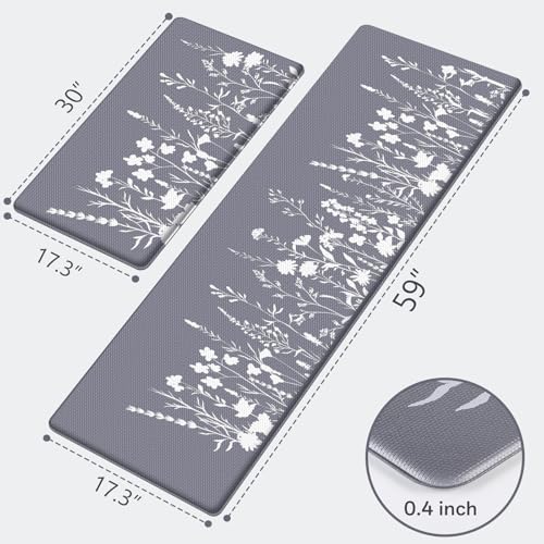 Kitchen Mats for Floor, 2-Piece Anti-Fatigue Kitchen Rugs, Grey - size: 17.3" x 30"+17.3" x 59"-0.4 inch