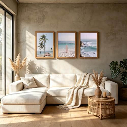 HCJWCXD 3 Pcs Boho Coastal Beach Canvas Wall Art 16x24 Inch Framed - color: Framed Pink car, size: 16x24 Inches