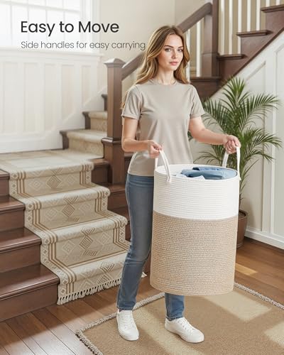SONGMICS Laundry Hamper, Cotton Rope Basket with Handles, 21.1 Gallons