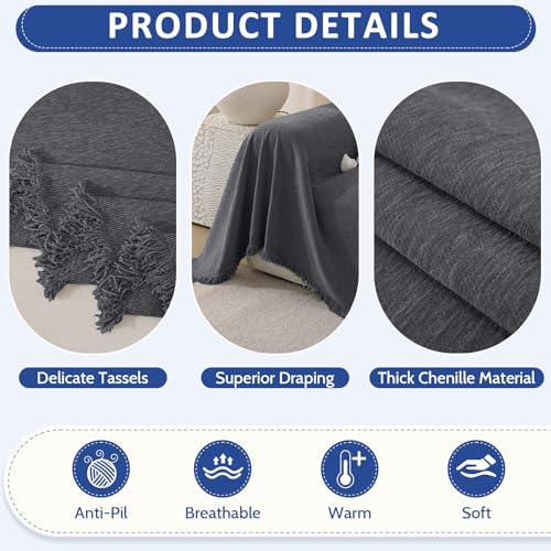 Chenille Couch Cover for Dogs Washable Boho Throw Blanket Washable - color: 01 Dark Gray, size: 71"×134"