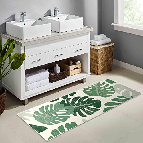 Lukinbox Bathroom Runner Rugs, Green Leaf Non-Slip Bath Mat, Small Long Bath Rugs Cute Soft Microfiber Floor Mats Machine Washable for Living Room, Shower and Tub, 18"x47" - size: 18" x 47"