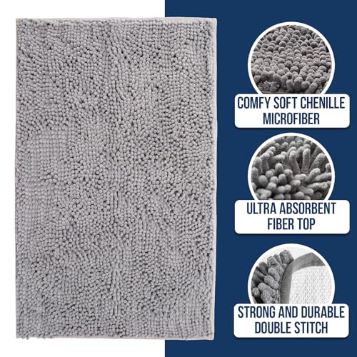 Muddy Mat Chenille Bathroom Rugs Quick Dry Microfiber Mats Non Slip Washable, Extra Thick, Soft and Highly Absorbent Bath Mats for Bathroom, Kitchen, and Shower Floor - Grey Medium 30"X19" - color: Grey, size: 19" x 30"