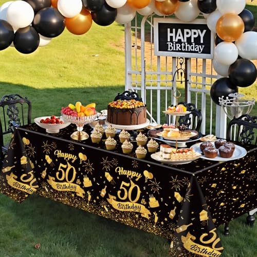 3 Pack 50th Birthday Plastic Tablecloth, Black Gold Disposable Table Cover - color: 50th Birthday