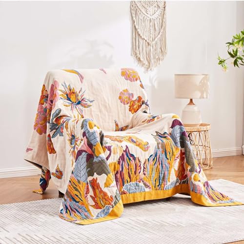 XIBLC Boho Throw Blanket, 100% Cotton Ultra Soft Luxury Throw Rustic Quilt, 60"x80" Floral Bird Butterfly Farmhouse Decor Bed Blankets, All Season Rustic Reversible Bohemian Throw for Bed - Yellow - color: Flowers Butterfly Yellow, size: 60x80 Inch