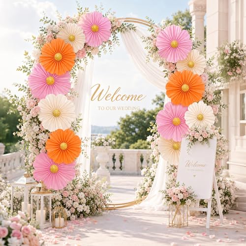 Spring Flower Paper Fan Decorations, 9PCS Party Cream Hanging Fans for Hello Spring Party, Birthday, Wedding, Classroom, Home Office Graduation Mother Father's Day Floral Backdrop Decor -Orange - style: Orange Sunset