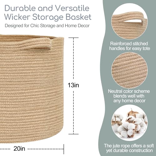 MEGASKET Large Wicker Storage Basket, 20" x 13" Jute Woven Blanket Storage for Living Room, Big Wicker Laundry Basket, Decorative Dog Toy Bin Box, Rustic Round Floor Bin for Towels, Pillows, Shoes - color: Jute, size: 20"D x 13"H