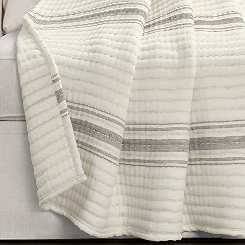 Lush Decor Farmhouse Stripe Kantha Pick Stich Yarn Dyed Cotton Woven Throw Reversible Ticking Pinstripe Design Blanket, 50" x 60", Gray - color: Gray