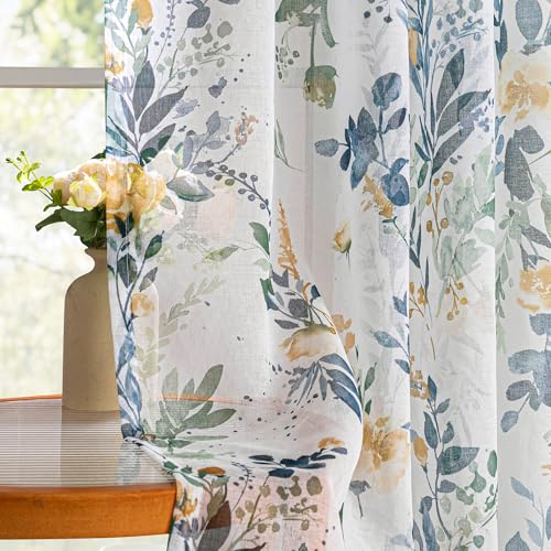 MYSKY HOME Yellow and Blue Floral Sheer Curtains 36 Inch Length - color: A-yellow & Blue, size: 52"W x 36"L (Pack of 2)