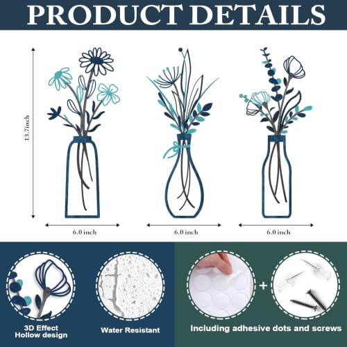 Pigort 3 Pieces Metal Flowers Wall Arts - Rustic Farmhouse Style Décor Metal Wall Art Black Minimalist Flower Natural Themed Wall Decors for Home Bedroom Dining Room Housewarming (Blue) - color: Blue