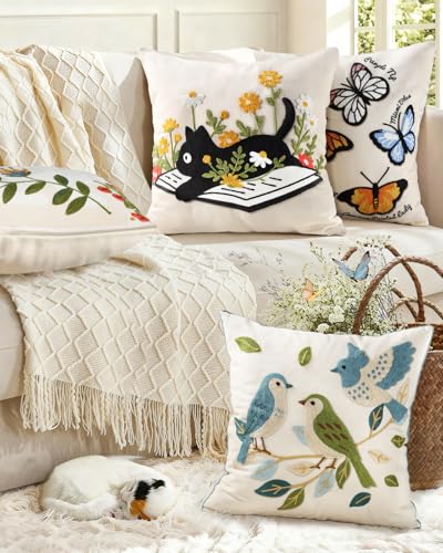 Animal Embroidered Throw Pillow Cover 18x18 Inch, Cat Floral - color: Cat Book, size: 18" x 18" (Pack of 1)