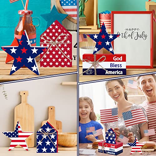 Blulu 5 Pcs 4th of July Table Decor God Bless America Wood Star House Sign Patriotic Americana Tiered Tray Decor Red White Blue Table Centerpieces for Home 250th Anniversary Labour Day Veterans Day - style: Patriotic