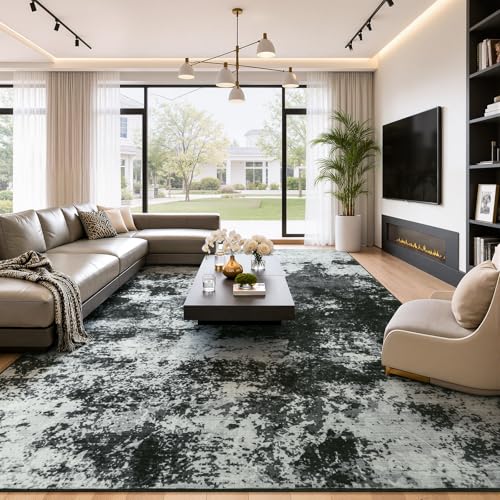 Merelax 9x12 Back Grey Large Washable Area Rug Non-Slip Faux Wool Rug - color: Black Grey, size: 9' x 12'(108''x144'')
