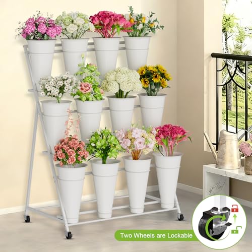 Flower Stand, 3 Tier Flower Display Stand with 12 Buckets, Upgrade Double Circle No Shaking, Outdoor Flower Cart with Wheels for Patio, Garden, Shop, Wedding, Party, Exhibition, Indoor, White - color: Pure white
