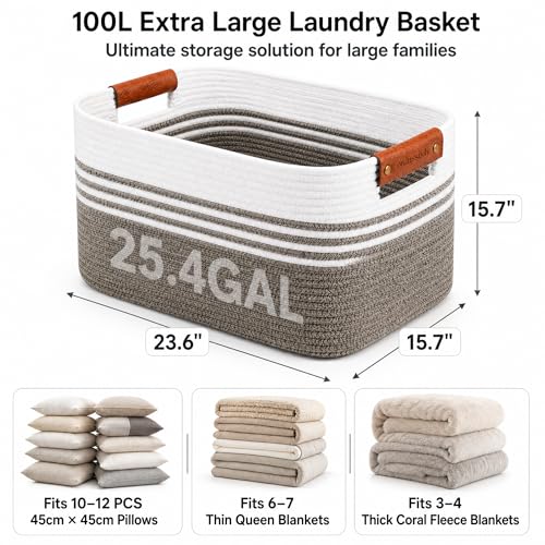 Cotton Rope Laundry Basket Extra Large, 25.4GAL Collapsible Woven Storage Baskets for Living Room Kids Toys Stuffed Animal,Boho Rectangular Decorative Hamper for Dirty Clothes, Blankets Dark Brown - color: DarkBrown, size: 25.4GAL
