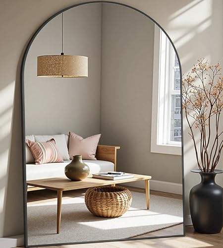 Prywot Full Length Mirror, Oversized 81"x41" Arched-Top Floor Mirror, Black - color: Black, size: 81"L x 41"W