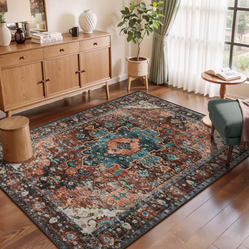 Ciicool Washable 4x6ft Area Rug,Boho Soft Non-Slip for Kitchen Entryway - color: Brick Red/Dull Teal, size: 4' x 6' (Rectangular)