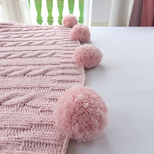 Chenille Chunky Knitted Throw Blanket with 14 pcs Pom Poms Tassel Super Soft Cozy Warm Blanket for Sofa Bed Soft Couch 50 x60 inches (Pink)?-¡ - color: Pom-pom-pink, size: Throw 50"X60"