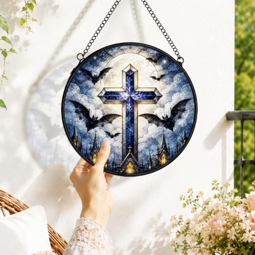 Gothic Cross Bat Moon Stained Glass Window Hanging Decor 575XT-BLGH - color: Crucifix-12