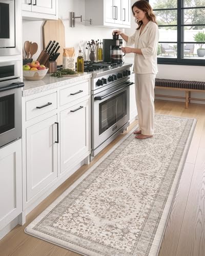 DEXI Kitchen Floor Mats Cushioned Anti Fatigue Runner Rug, 24x87 - color: Beige/White, size: 87"L x 24"W x 0.4"Th