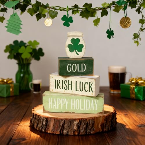 St. Patrick’s Day Decorations - St Patrick Day Irish Luck Tiered Tray Decor Set - Wooden Shamrock Tabletop Decoration - Rustic Farmhouse Holiday Home Decor for Indoor Shelf Mantel Coffee Table Gift - style: Shamrock