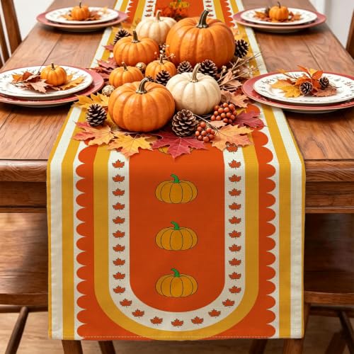 Mode Fall Table Runner 13x72 Inch Pumpkin Maple Leaf Stripes for Indoor Outdoor Dining Table Decorations Fall Thanksgiving Day Party Decor