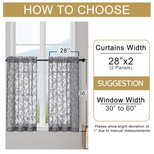 OWENIE Leyna Grey Sheer Curtain 36 Inch Length Cafe Curtains 2 Panels - color: Charcoal Gray, size: 28"W x 36"L (Pack of 2)
