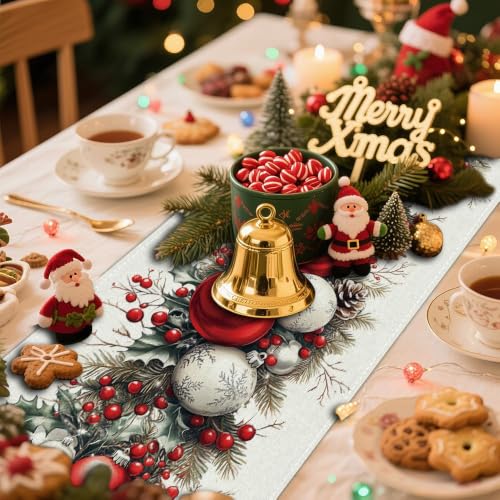 Christmas Table Runner 13 x 72 Inch, Holiday Table Decor with Christmas Ball & Pinecone Design - color: Christmas-001