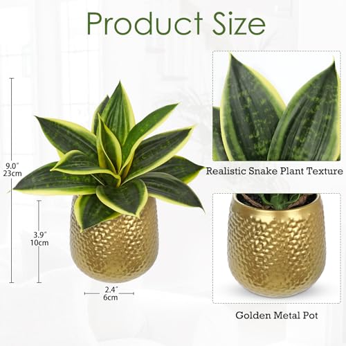 Hollyone Artificial Snake Plants 9" Faux Agave Succulent Plant Potted in Gold Metal Pot Fake Sansevieria Aloe Tropical Plant for Desk Modern Office Home Bathroom Indoor Outdoor Decor - color: Green #2-gold Pot