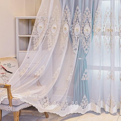 Amidoudou 1 Pair European Double Layer Curtains with Valance for Living Room Bedroom Luxury 3D Flower Embroidered Curtains (Blue,51x90 Inch) - color: Blue, size: 51"W x 90"L (Pack of 2)