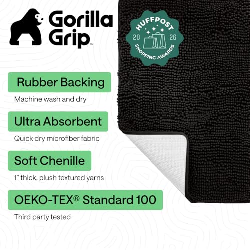 GORILLA GRIP Bath Rug Mat for Bathroom, Absorbent Chenille, 24x17 Black - color: Black, size: 24" X 17"