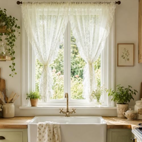 TUDECO Cream Short Lace Curtains 45 Inch Length, 2 Panles - color: Cream, size: 59"W x 45"L (Pack of 2)