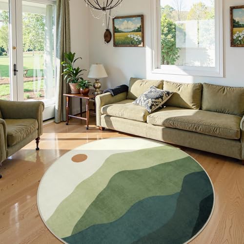 5ft Abstract Green Round Rug, Large Mountain Sunrise Circle Area Rug - color: Green, size: 5' (Round)