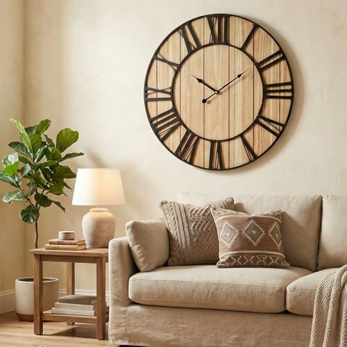 EMAX HOME Large Farmhouse Wall Clock 24 Inch Vintage Brown Wooden Wall Clock with Quiet Ticking and Minimalist Roman Numerals for Bedroom Living Room Office Kitchen Home Decor, Battery Operated - color: Brown, size: 24 Inch