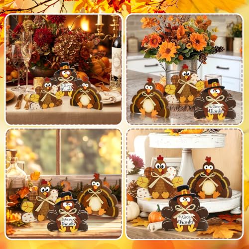 3 Pcs Thanksgiving Decorations for Home Wooden Turkey Table Centerpiece Rustic Wood Signs Block Harvest Tabletop Fall Decor Indoor Tiered Tray Office Desk Shelf Mantel Kitchen Autumn Party Supplies
