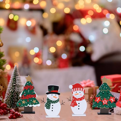DECSPAS Christmas Decorations Indoor, 4 PCS Wood Christmas Trees & Snowmen for Centerpiece Table Decorations, Wooden Tiered Tray for Xmas Decor, Home, Winter, Tabletop, Mantel, Shelf, Gifts - style: Christmas - Christmas Trees, Snowmen