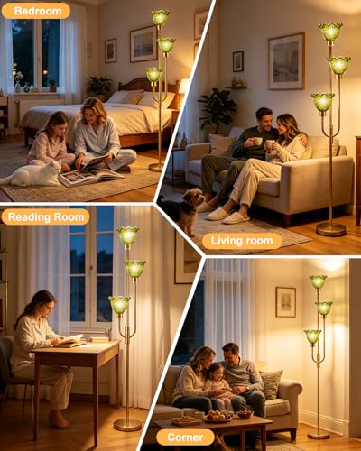 Glass Floor Lamp 66IN 3-Light Modern Green Glass Gold Dimmable Floor Lamps - color: Green Flower-Gold