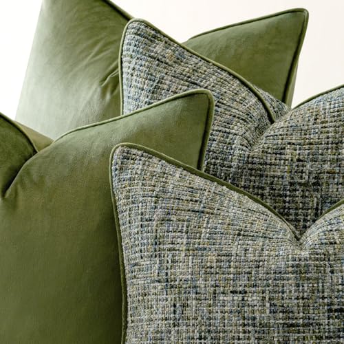 a moment Dark Green 4 Pack Throw Pillow Covers - Chenille & Velvet Set with Piping, Farmhouse Textured Design Pillow Cases for Couch Sofa Bed Livingroom (22x22 Inch, No Insert) - color: Dark Green, size: 22" x 22" (Pack of 4)