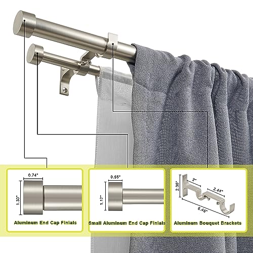Double Curtain Rods for Windows 36-72 Inches, 1'' Front and 5/8''Back Double Drapery Rods with Premium Aluminum Brackets and End Cap Finials, Adjustable Brushed Nickel Double Window Curtain Rod - color: Brushed Nickel, size: 36-72"