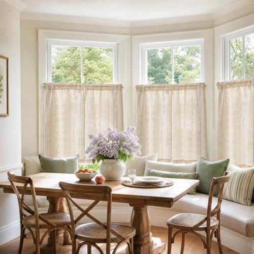 jinchan Linen Striped Tier Curtains for Kitchen Windows Boho - color: Boho Taupe | on Beige, size: 26"W x 24"L (Pack of 2)