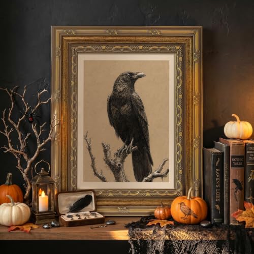 HUARCEY Vintage Gold Framed Raven Wall Art 8"x10", Halloween Crow Canvas - color: Crow, size: 10"L x 8"W