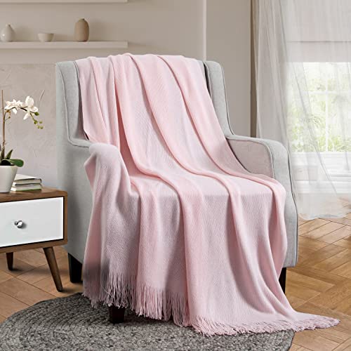 Vonty Pink Knitted Throw Blanket with Tassels Fringe, 50x60 Acrylic - color: Pink, size: 50" x 60"