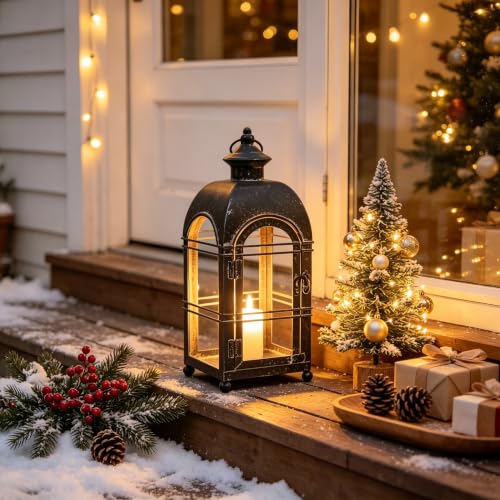 Vintage Farmhouse Metal Candle Lantern - 14 Inches Rustic Distressed Black Lanterns Indoor & Outdoor Decor Hanging Candle Holder Lantern for Garden Front Porch Patio Wedding Christmas (No Glass) - color: Black - No Glass