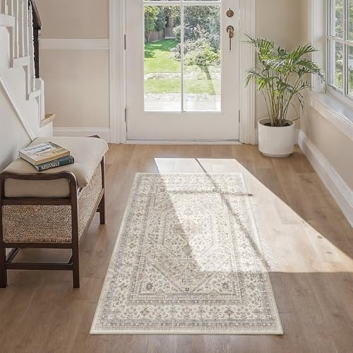 2x4 Washable Entryway Area Rug - Non-Slip Boho Throw Rugs Beige Gray - color: Beige/Gray, size: 2' x 4' (Rectangular)