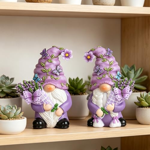 Purple Lavender Butterfly Couple Gnome Figurines(Resin, 3.9''H) - color: Purple