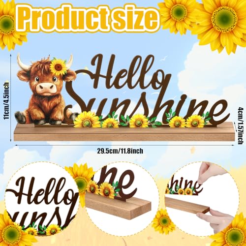 MiniInflat Sunflower Highland Cow Table Decor Hello Sunshine Metal Sign - style: Hello Sunshine