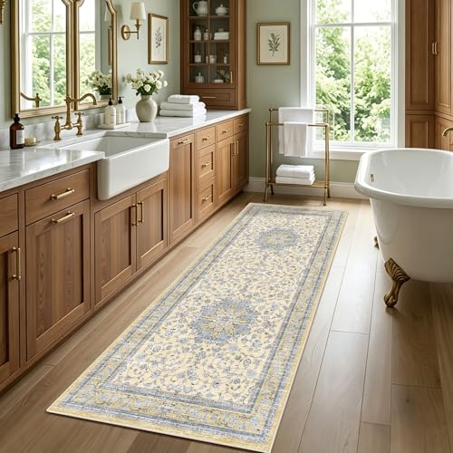Arenarug Washable 2x6 Rug Runner for Hallway, Beige Blue Distressed Vintage Floral Non Slip Kitchen Rug, Soft Low Pile Carpet Runner for Laundry Room, Bathroom, Bedroom - color: Beige Blue, size: 2' x 6' (Runner)
