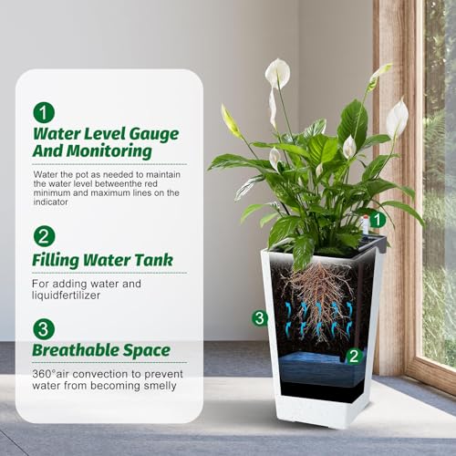 Garvee 22" Self-Watering Tall Planter with Water Level Indicator, Set of 2 - color: White